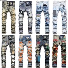 Designer Mens Jeans European Jean Hombre Letter Star Men Embroidery Patchwork Ripped for Trend Brand Motorcycle Pant Skinny Top Sell {category}