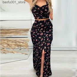 Basic Casual Dresses Women Summer Boho Beach Two Piece Set Sexy Skirt Set Crop Top+Maxi Long Skirt Floral Printed Split High Waist Casual Two Piece Q240322