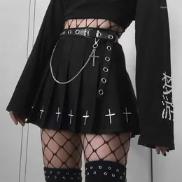 Skirts Women's High Waist Gothic Punk Mini Ladies Cross Pattern Pleated Skirt Dark Style Club Casual Outfits Streetwear