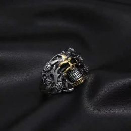 Skull Rose Demon Ring Mens Motorbike Riding Vintage Goth Punk 14K White Gold Ring Halloween Fashion Hip Hop Rock Jewellery