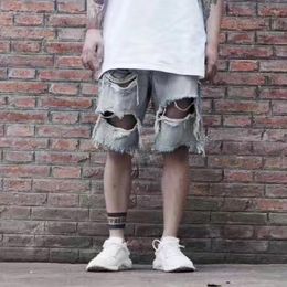 Men's Shorts 2024 Summer Hiphop Fashion Sweat Casual Joggers Elastic Waist Trousers Destroyed Frazzle Jeans