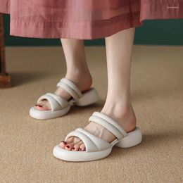 Slippers Casual Platform One Line Wear Flip Flops Female Summer 2024 Soft Leather Round Head Shoes Open Toe Simple Lazy Slip On