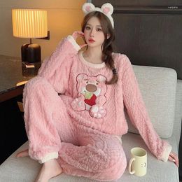Women's Sleepwear Flannel Pajamas Women Cartoon Coral Fleece Thickened Warm Loose Homewear Suit Female Large Size Round Neck Sets 2024