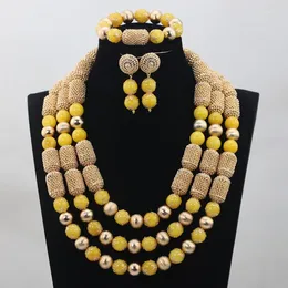 Necklace Earrings Set Gorgeous Yellow African Beads Wedding Jewelry Nigerian Handmade Big Golden For Women QW901