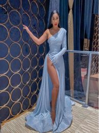 New Arrival Baby Blue Sexy Reflectiv Prom Dresses One Shoulder Sequined High Side Split Ruffles Prom Dress Formal Dress Evening Go2591676