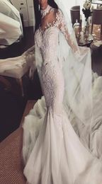 2021 New Sheer High Neck Mermaid Wedding Dresses Modern Lace Appliques Beads Plus Size Long Sleeves Country Garden Bride Robes Wed3495120