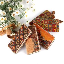 6pcs Cell Phone Pouches Retro Cork Leather National Printing Large Capacity Multifunctional Long Wallet