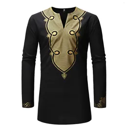 Ethnic Clothing 2024 Muslim Men Shirts Luxury Casual Islamic Arabic Abaya Robe Fashion Print Stand Collar Youth Mid-length