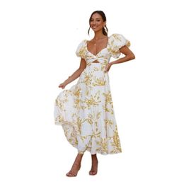 Cross Border Europe and America 2024 Spring/summer New Amazon Style Slim Fit Printed Bubble Sleeves Large Hem High End Dress for Women