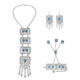 Necklace Earrings Set Vintage Silver-color Metal Red Blue Stone Bracelet Sets For Women Bohemian Gypsy Party Gift Ethnic Jewellery