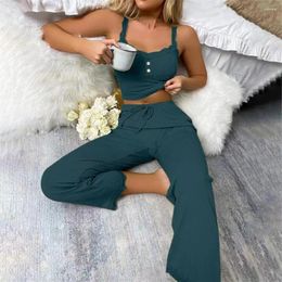 Women's Two Piece Pants 2 Pcs/Set Women Crop Top Suit Flower Edge V Neck Drawstring Elastic High Waist Solid Color Sleeveless Camisole Lon