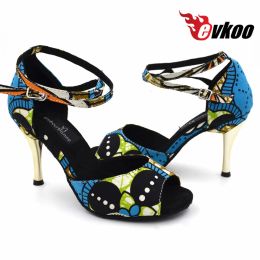 shoes Evkoodance girls 8.5cm heel Zapatos De Baile Size US412 Blue African Print Satin Latin Ballroom Dance shoes For Women Evkoo453