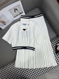 Womens Two Piece Dress Set High Quality Spring New Round Neck Short Waist Pleated Mid Length Skirt Commuting Versatile for Women