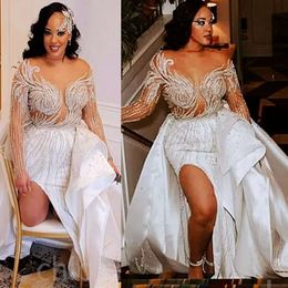 Aso White Arabic Ebi Mermaid Wedding Dress Lace Beaded Satin Detachable Train Bridal Gowns Dresses ZJ Es Es 0417