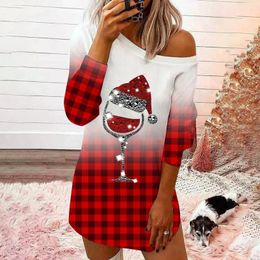 Casual Dresses Christmas Dress For Women Long Sleeve Crewneck Lightweight Loose Plaid Wine Glass Print Pullover Vintage Party