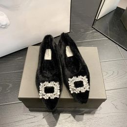 Loafers 2023 Fashion New Pointed Shallow Mao Mao Shoes Flat Shoes Studded Square Buckle Design Winter Warm Mink Hair for Women's Shoes