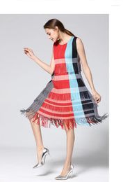Casual Dresses SELLING Fashion Miyake Fold Striped Dress Bohemia Tassel Sleeveless IN STOCK