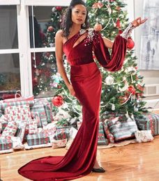 Luxurious Crystal One Shoulder Prom Dresses Split Sleeve With Beaded Mermaid Evening Party Gown Veet Long Receiption Dress 326