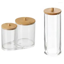 Storage Bottles 2PCS Bamboo Cover Cotton Swab Box Makeup Remover Transparent Tank Acrylic Dustproof