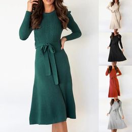 Casual Dresses Bubble Long Sleeve Knitted Skirt Medium Style Slim High Waist Large Swing For Women 2024 Elegantes Para Mujer
