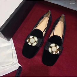 Casual Shoes Koovan Women's Flats 2024 Suede Square Head Rhinestone Pearls Buckle Flat Black Loafer Women Boat Scoop Girls