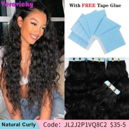 Extensions Veravicky Natural Curly Tape In Hair Extensions curly skin weft Tape In Extensions Remy Human Hair #1B 1424 inch 20PCS 50G/Pack