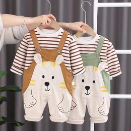 Clothing Sets Toddler Spring Outfits 2024 Baby Boy Clothes 1 To 5 Years Cartoon Striped Long Sleeve T-shirts And Oversalls Kids Boys Suit