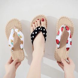 Slippers Beach Flip Flops For Women Home Linen Flax Slides Flat Sandals Shoes Indoor Anti-Slip Pineapple Strawberry