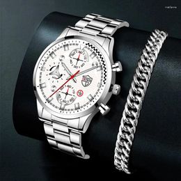 Wristwatches Mens Sports Watches Luxury Silver Stainless Steel Quartz Wristwatch Calendar Date Fashion Male Business Casual Bracelet Watch