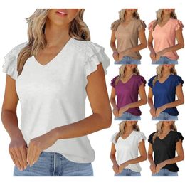 Women's Tanks Casual Ruffle Short Sleeve Tops Cute Solid Colour Knit Ribbed T Shirts Blouses Top Lace Trim Women