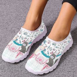 Flats INSTANTARTS Cute Cat and Medical Tools Cartoon Female Flat Shoes ECG Cats With Mask Printed Women Mesh Sneakers Slipon Loafers