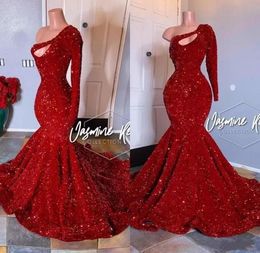 NEW Red One Shoulder Sequins Mermaid Long Prom Dresses Long Sleeve Ruched Evening Gown Plus Size Formal Party Wear Gowns BC36135835695