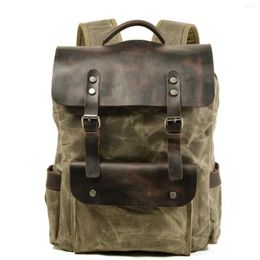 Backpack Muchuan Outdoor Laptop Student Waterproof Bag Cotton Waxed Canvas With Top Layer Crazy Horse Leather