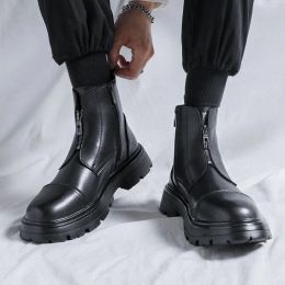 Boots Men Front Zipper Ankle Boots Casual Split Leather Platform Boots Male Streetwear Punk Style Motorcycle Boots