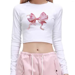 Women's T Shirts Slim Fit Crop Tops Cute Long Sleeve Crew Neck Bow Print Tees Aesthetic T-Shirts Clothing