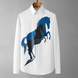 2024 Spring Horse Patchwork Printed Men's Shirt Trend Casual Long-sleeved Shirt Handsome Slim Business Social Dress Shirts White