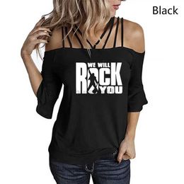 Women's T-Shirt We will rock your womens summer T-shirt Queen Rock Band short sleeved rock summer shawl and shoulder strap 240323