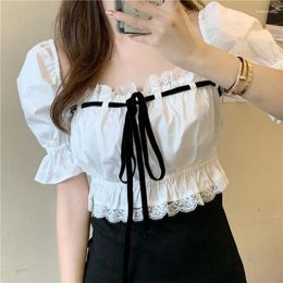 Women's T Shirts Summer Short Puff Flare Sleeve Bandage Tshirt Sexy Square Neck Lace Edge Tee Tunics Female Elastic Crop Tops