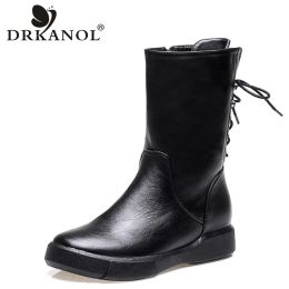 Boots DRKANOL 2022 Autumn Winter Motorcycle Boots Vintage PU Leather Flat Mid Calf Women Boots Female Cross Tied Fur Snow Boots H6092