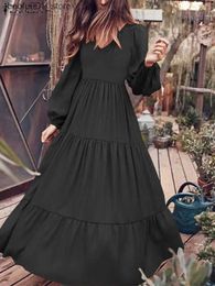 Basic Casual Dresses Elegant womens Bohemian pleated long skirt Maxi Vesido 2023 puff sleeves dating sun skirt oversized casual solid sexy V-neck robe 1 Q240322