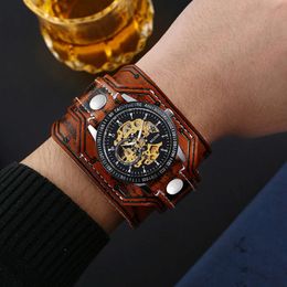 Fashionable and Trendy Steam Punk Men's Fully Automatic Hollowed Out Mechanical Leather Watch