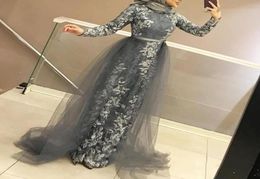 Elegant Grey Hijab Muslim Style Formal Evening Dresses With Detachable Train Applique Lace Long Sleeve Arabic Women Prom Dress Par7899933