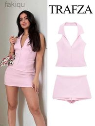 Sexy Set TRAFZA Women 2 Piece Set Sexy V-Neck Sleeveless Backless Suspender Zipper Top Fashion High Waist Back Pocket Mini Skirts Shorts 24322