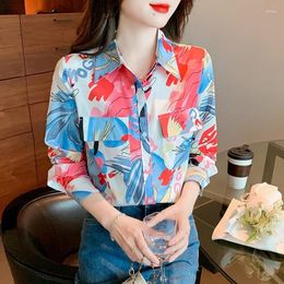 Women's Blouses Satin Shirts Vintage Silk Prints Spring/Summer Polo-neck Clothing Loose Long Sleeves Women Tops YCMYUNYAN