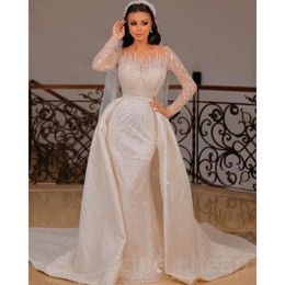 Aso Ebi Ivory Arabic Mermaid Wedding Sheer Neck Sequined Lace Sexy Bridal Gowns Dress ZJ