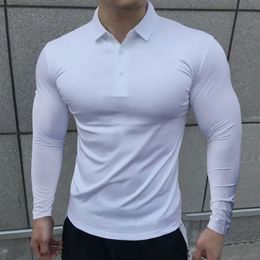 Korean Autumn Casual Fitness Polo Shirt Men Solid Button Slim Elastic Versatile Sports Breathable Quick Drying Long Sleeved Tops 240319