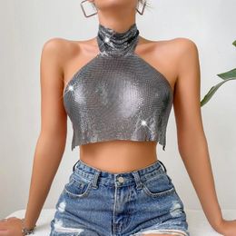 Women's Tanks Metallic Sequins Backless Tank Top Sexy High Collar Halter Neck Summer Crop For Women Shiny Party Nightclub Camisole