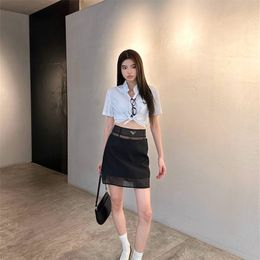 Summer designer skirt new mini half-body skirt women's classic simple black skirt elegant thin triangle plate decoration splicing organza