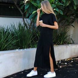 Basic Casual Dresses Summer Korean Style Midi Dress Womens Casual Black Long Dress Plus Size Short Sleeves Sexy Party Open Long Dress Q240322