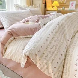 Korean Style Pink Bedding Set Twin Full Queen Size Bed Linen Girls Floral Bed Flat Sheet Pillowcase Kawaii 180x220 Home Textile 240318